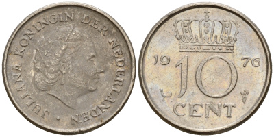 Нидерланды 10 центов 1976 Юлиана (1949-1980) KM 182 никель    4598-332