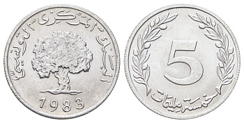 Тунис 5 миллимов 1983 пробковый дуб KM 282 алюминий UNC 4699-1043