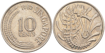Сингапур 10 центов 1982 морской конек KM 3 медно-никель 187-459