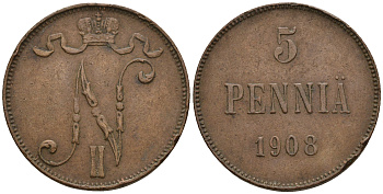 Россия для Финляндии 5 пенни 1908 Николай II (1894-1917) KM 15, Биткин 449 медь 259-1143