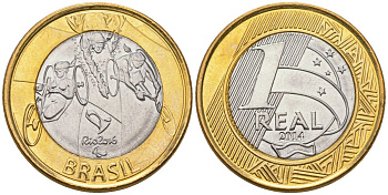 Бразилия 1 реал 2014 XV летние Паралимпийские игры, Рио-де-Жанейро 2016 - Паратриатлон KM 689 биметалл UNC 4139-511