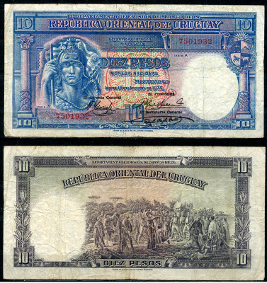 Уругвай 10 песо 1935 воин индеец, клятва 33 Ориенталес Pick 30 b (2)  бумага   451-237-1