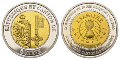 Швейцария, Женева 1 Sablier (песочные часы) 2000 монета могла быть обменена до 15.01.2000 года в Швейцарии на 10 франков. Выпщуена по случаю наступления нового тысячелетия KM 20 биметалл UNC 270-1534