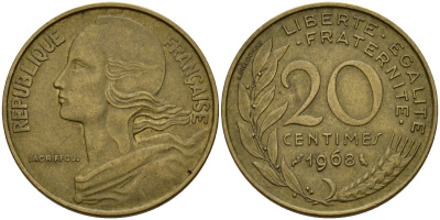 Франция 20 сантимов 1968 KM 930 алюминиевая бронза 4156-657