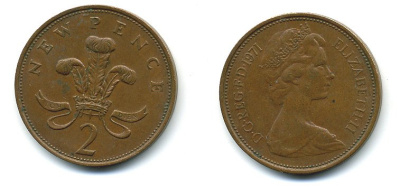 Великобритания 2 пенса 1971 Елизавета II (1952-2022) КМ 916, Spink 4235 (C1) бронза 4110-526