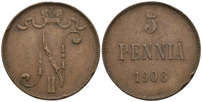 Россия для Финляндии 5 пенни 1908 Николай II (1894-1917) KM 15, Биткин 449 медь 259-1143