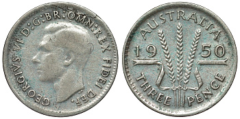 Австралия 3 пенса 1950 m, Георг VI (1937-1952), без букв KM 44 серебро 71-244