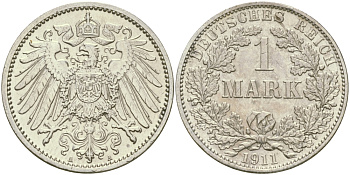 Германия 1 марка 1911 A Weege 18, J. 17, KM 14 серебро aUNC 65-236