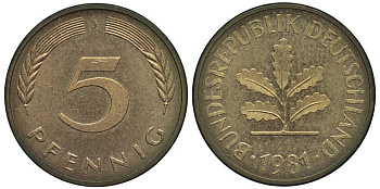 ФРГ 5 ПФЕННИГОВ 1981 J KM 107, Jager 382 сталь плакированная латунью 4547-762
