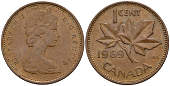 Канада 1 цент 1969 Елизавета II (1952-2022), кленовый лист KM 59.1 бронза 4189-527