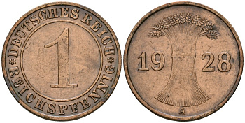 Германия 1 рейхспфенниг 1928 A KM 37, J. 313 бронза 4189-1125