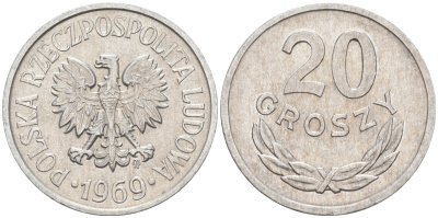 ПОЛЬША 20 ГРОШЕЙ 1969 MW KM A47 алюминий XF-UNC 190-144