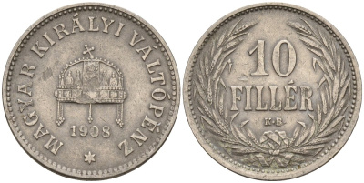 Венгрия 10 филлеров 1908 KB, Франц Иосиф I (1848-1916) KM 482 никель 4151-1069
