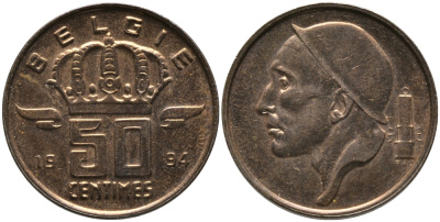 БЕЛЬГИЯ 50 САНТИМОВ 1994 BELGIE, БОДУЭН I (1951-1993) KM 149.1 бронза 99-1213