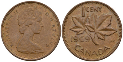 Канада 1 цент 1969 Елизавета II (1952-2022), кленовый лист KM 59.1 бронза 4189-527