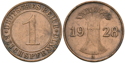 Германия 1 рейхспфенниг 1928 A KM 37, J. 313 бронза 4189-1125