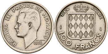 Монако 100 франков 1956 Ренье III (1949-2005) KM 134 медно-никель 4601-954