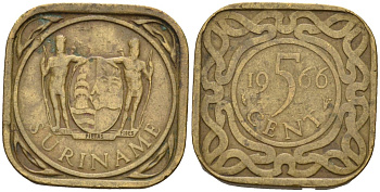 Суринам 5 центов 1966 KM 12 никель латунь 4580-239