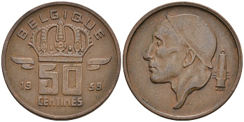 БЕЛЬГИЯ 50 САНТИМОВ 1959 BELGIQUE KM 148.1 бронза 4564-151