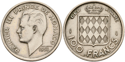 Монако 100 франков 1956 Ренье III (1949-2005) KM 134 медно-никель 4601-954