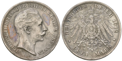 Пруссия 3 марки 1912 Вильгельм II (1888-1918) KM 527, J. 103 серебро 3851-612
