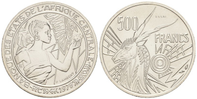 Центральноафриканский Валютный Союз (BEAC) 500 франков 1976 C (Конго), PROBA, ESSAI, пробная монета KM E9 никель UNC 3711-125
