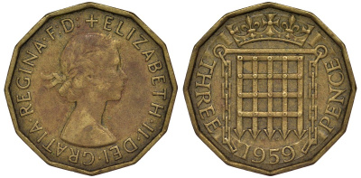 Великобритания 3 пенса 1959 Елизавета II (1952-2022) KM 900, Spink 4153 никель латунь 4128-837