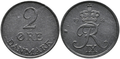 ДАНИЯ 2 ЭРЕ 1951 N; S, ФРЕДЕРИК IX (1947-1972) KM 840.1 цинк UNC 28-1035