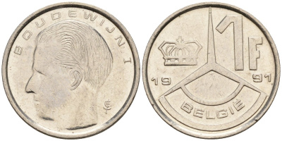 Бельгия 1 франк 1991 Belgie, Бодуэн I (1951-1993) KM 170 нержавеющая сталь 4596-849