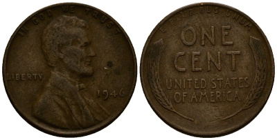 США 1 цент 1946 Линкольн KM A132 медь цинк 4164-852