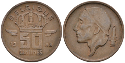 БЕЛЬГИЯ 50 САНТИМОВ 1959 BELGIQUE KM 148.1 бронза 4564-151