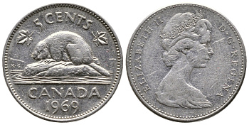 КАНАДА 5 ЦЕНТОВ 1969 ЕЛИЗАВЕТА II, БОБЕР KM 60.1 никель 4364-2356