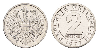Австрия 2 гроша 1977 KM 2876 алюминий aUNC M77-21