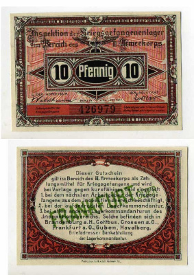 Германия 10 пфеннигов 1917 инспекция лагерей военнопленных в Франкфурте на Одере, III-ий Армейский корпус C-2962 бумага UNC (пресс) 504-92-1-1