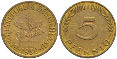ФРГ 5 ПФЕННИГОВ 1950 J KM 107, J.382 сталь плакированная латунью 4547-1158