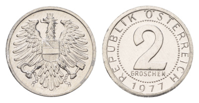 Австрия 2 гроша 1977 KM 2876 алюминий aUNC M77-21