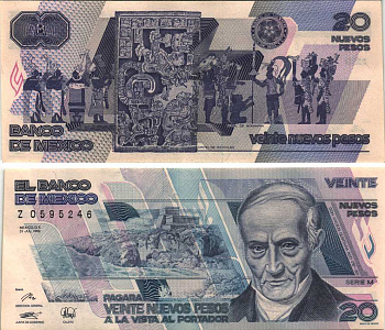 Мексика 20 песо 1992 31 июля 1992, серия М, Андрес Кинтана-Роо, политик, поэт и историк Pick 96 бумага UNC (пресс) 451-108-2