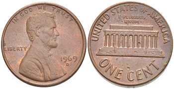 США 1 ЦЕНТ 1969 D, ЛИНКОЛЬН KM 201 медь цинк 187-619