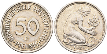 ФРГ 50 пфеннигов 1981 D KM 109, J. 384 медно-никель 4132-1211