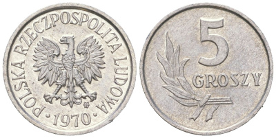 Польша 5 грошей 1970 KM A46 алюминий aUNC 4392-665