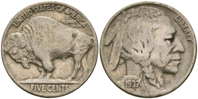 США 5 центов 1937 индеец, бизон KM 134 медно-никель 4172-326