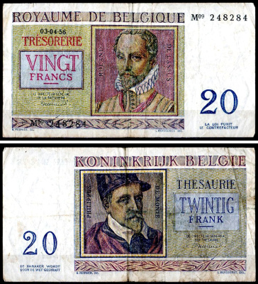 Бельгия 20 франков 1956 Pick 132 b бумага 6300-22-1-1