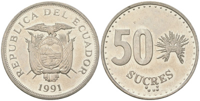 Эквадор 50 сукре 1991 KM 93 сталь плакированная никелем 4511-1041