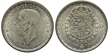 Швеция 2 кроны 1948 TS, Густав V (1907-1950) KM 815 серебро 221-616