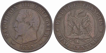 ФРАНЦИЯ 5 САНТИМОВ 1855 K, НАПОЛЕОН III (1852-1870) KM 777.5, LE FRANC 116.24 бронза 108-317