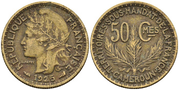 Французский Камерун 50 сантимов 1925 (а), монетный двор Париж KM 1 алюминиевая бронза 4164-1225