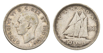 Канада 10 центов 1946 Георг VI (1936-1952), парусник KM 34 серебро 99-547
