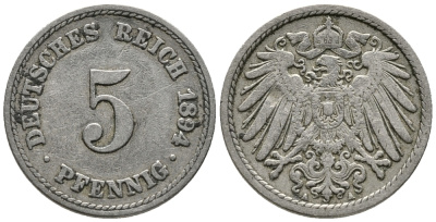 ГЕРМАНИЯ 5 ПФЕННИГОВ 1894 A KM 11, J. 12 медно-никель 39-656