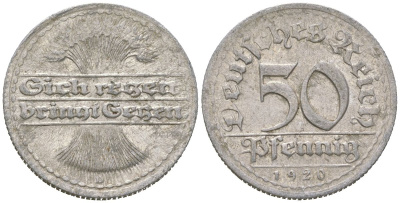 Германия 50 пфеннигов 1920 D KM 27 алюминий 35-1434
