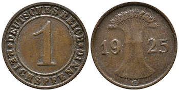 ГЕРМАНИЯ 1 РЕЙХСПФЕННИГ 1925 G KM 37, J. 313 бронза 39-917